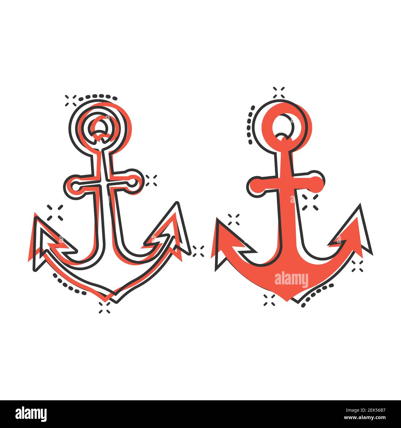 Boat anchor icon in comic style. Vessel hook cartoon vector illustration on white isolated background. Ship equipment splash effect business concept. Stock Vector