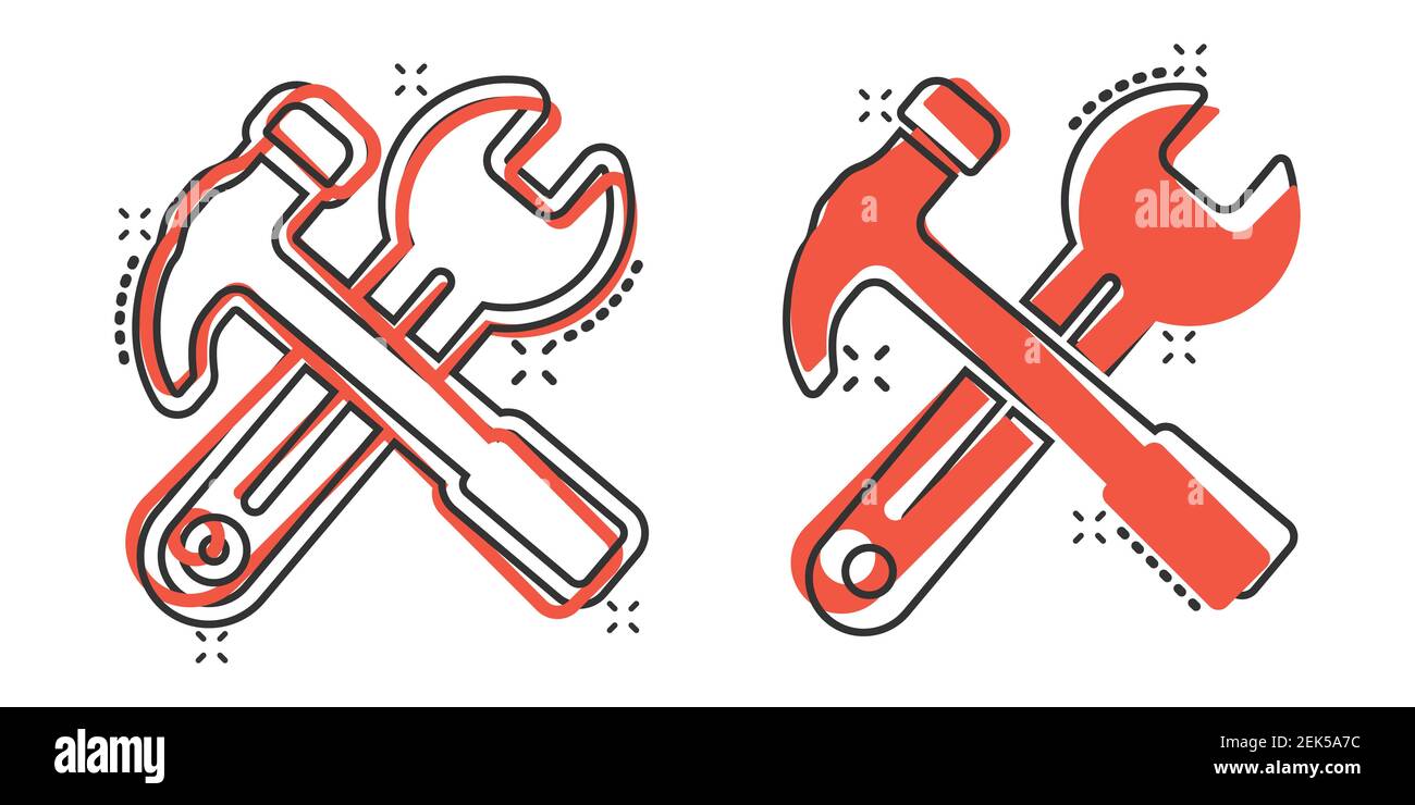 Wrench and screwdriver icon in comic style. Spanner key cartoon vector ...