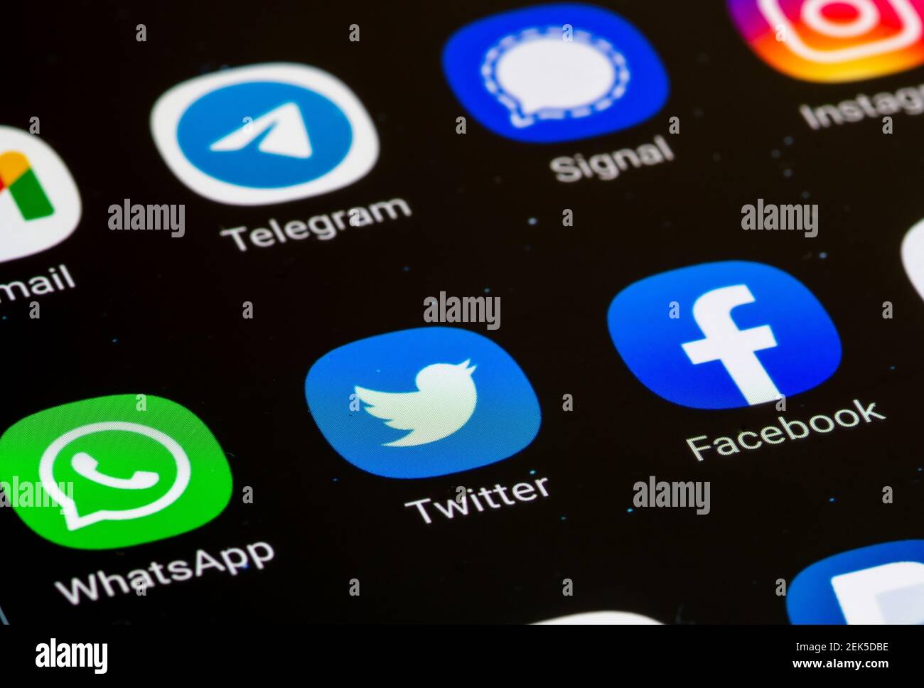 Facebook, Twitter, Whatsapp app displayed together on a smartphone. Social media app. Social network Stock Photo