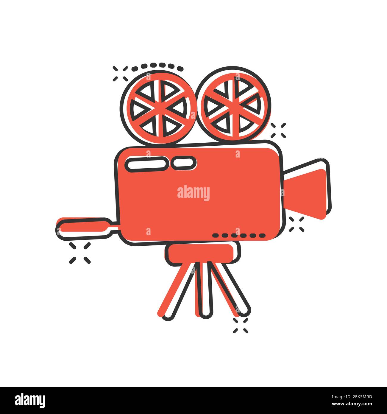 Projector icon in comic style. Cinema camera cartoon vector illustration on white isolated background. Movie splash effect business concept. Stock Vector