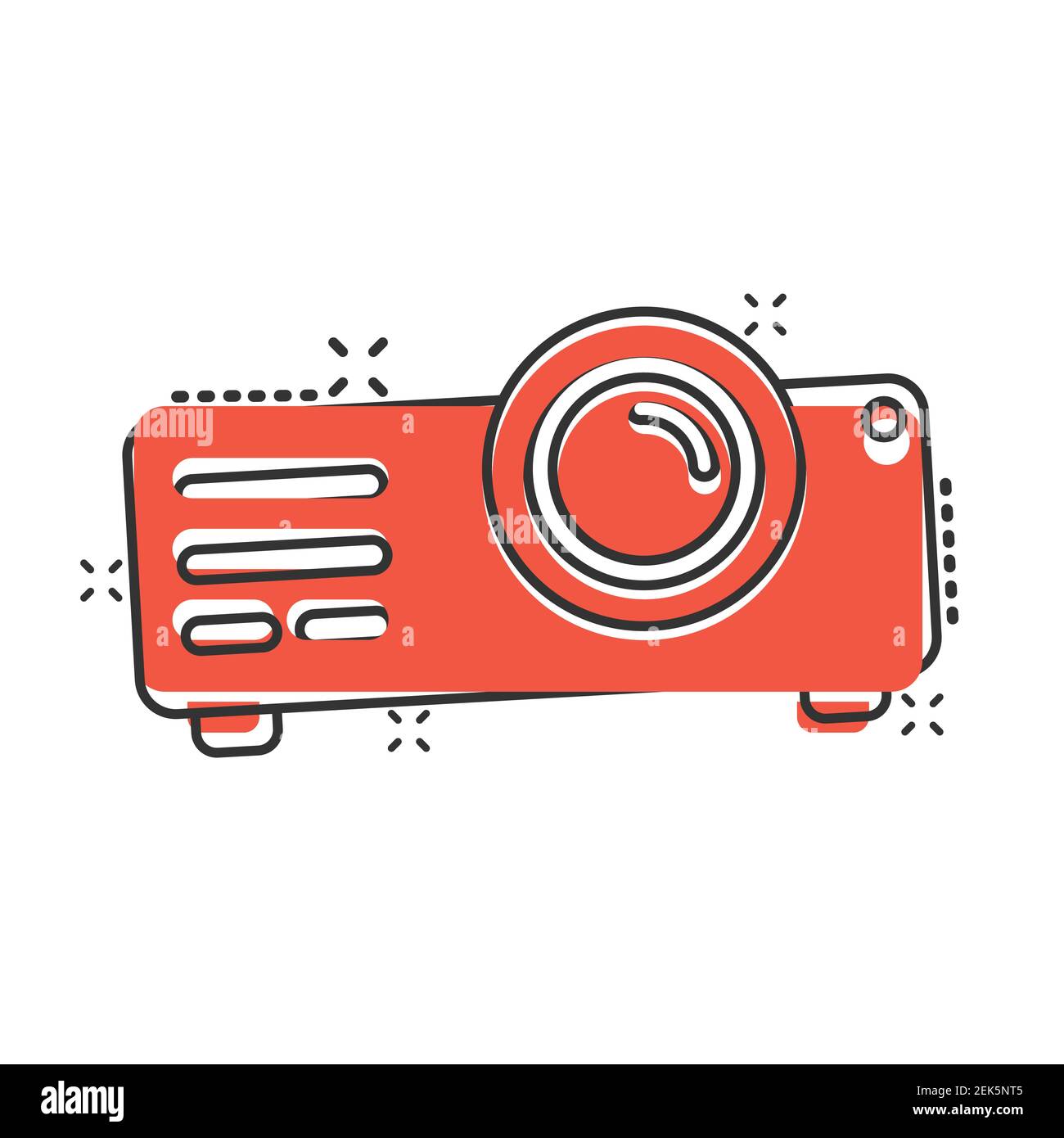 Video projector sign icon in comic style. Cinema presentation device cartoon vector illustration on white isolated background. Conference splash effec Stock Vector