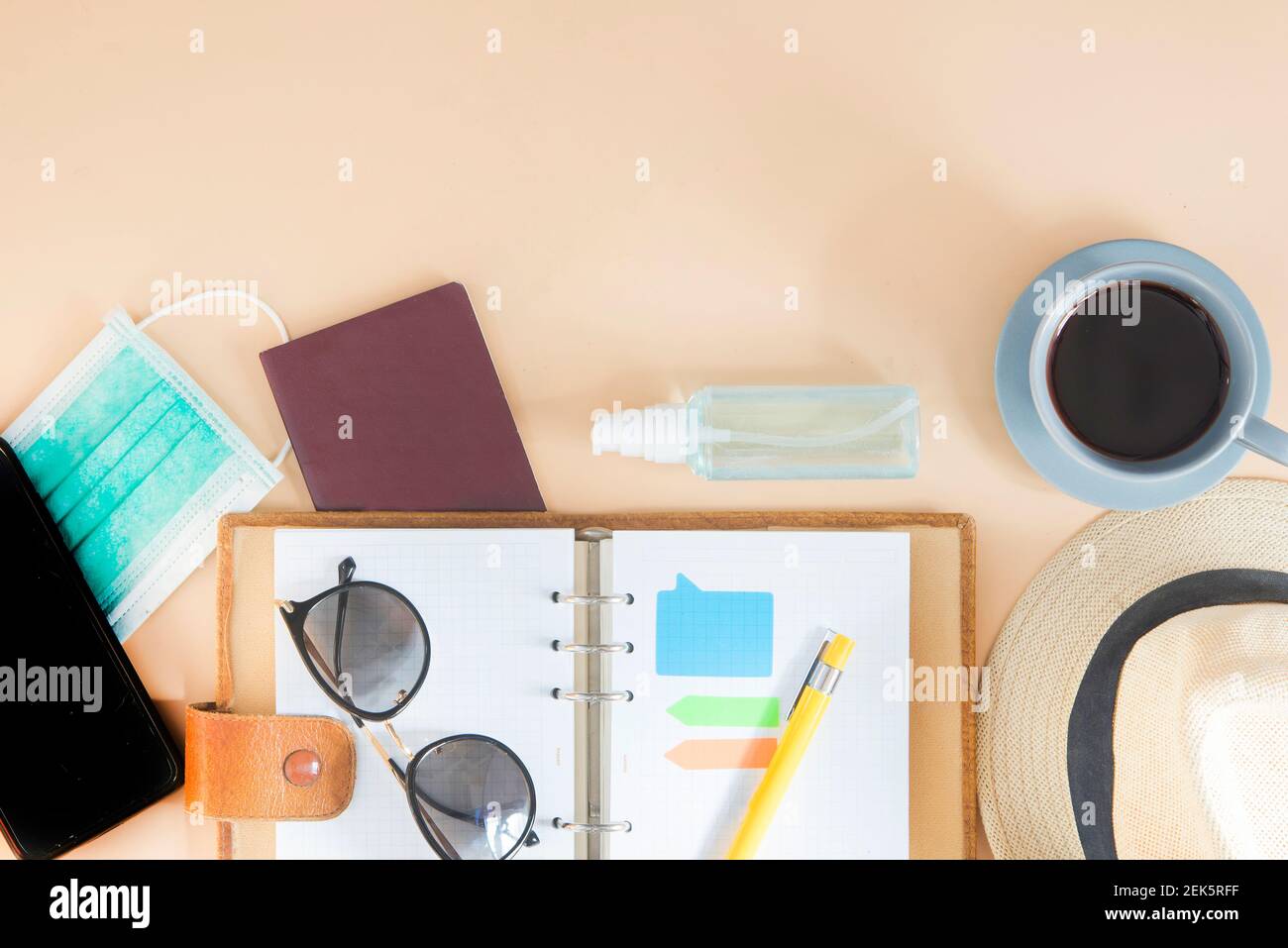 plan trip with covid (mask and disinfectant) Stock Photo