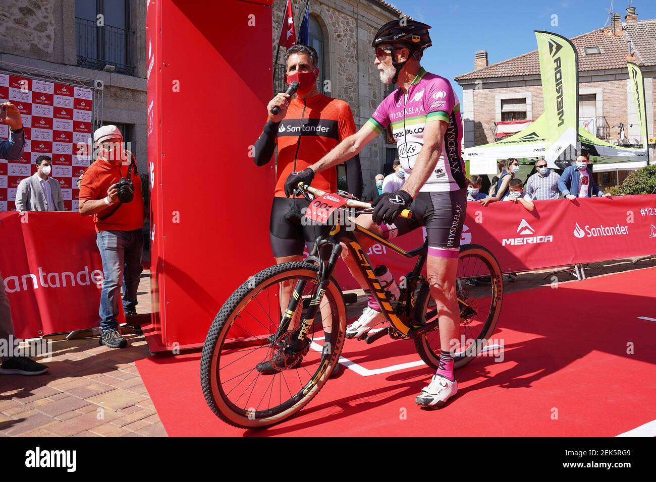 Spanish cycling legend Miguel Indurain (l) and Javier Sanchez 'Pelu'  runner-up in Europe Master 70 MBT, during Santander Reset, mountain bike  race, the first sports event for fans held in Spain after