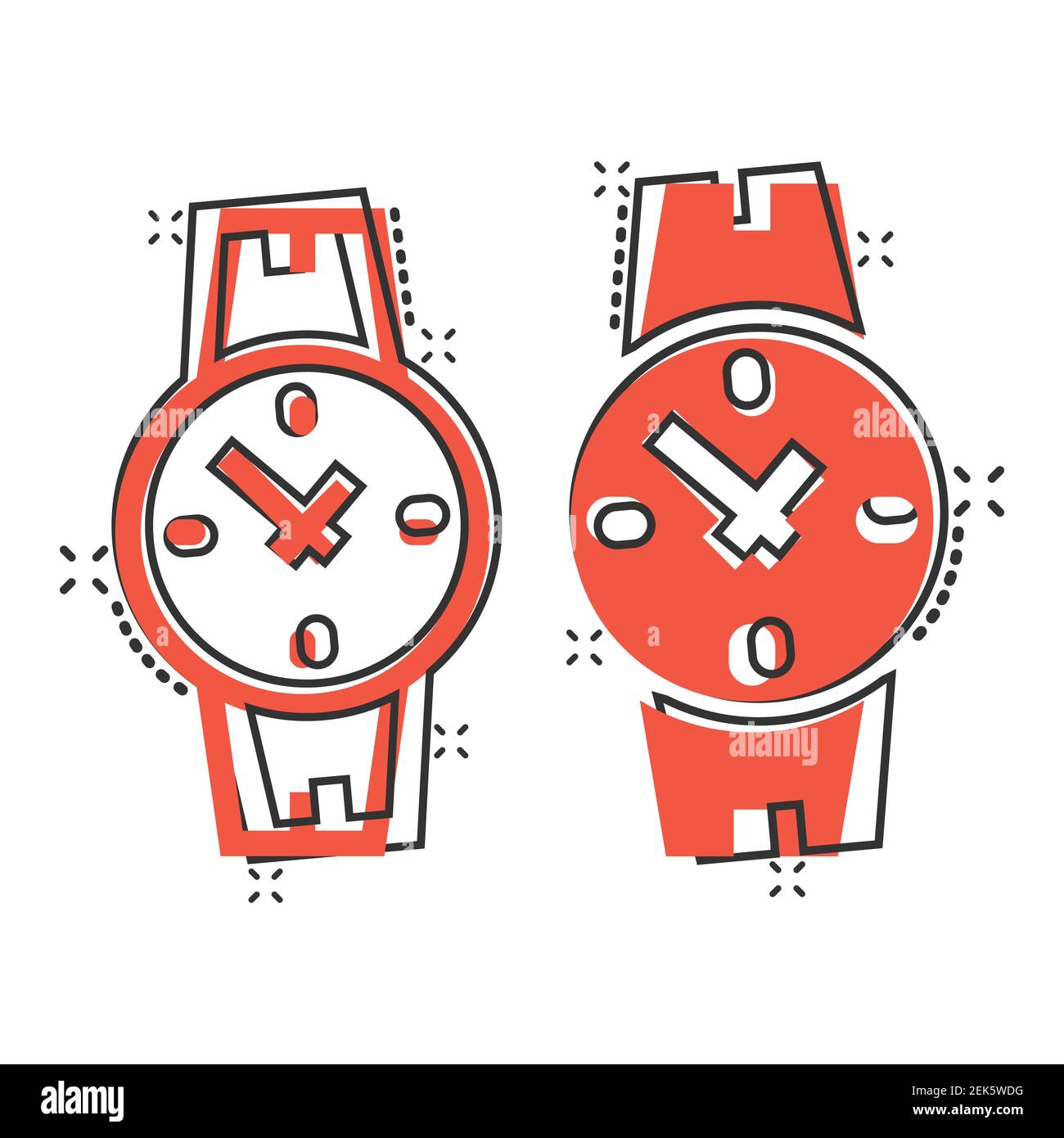 Wrist watch icon in comic style. Hand clock cartoon vector illustration on white isolated background. Time bracelet splash effect business concept. Stock Vector