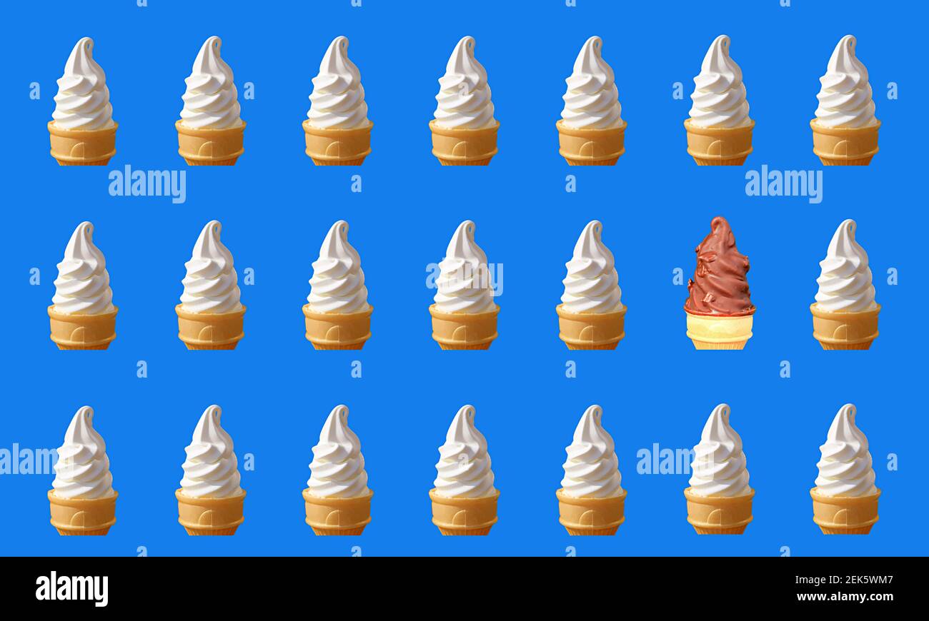 Many Rows of Two Types of Soft Serve Ice Cream Cones Isolated on