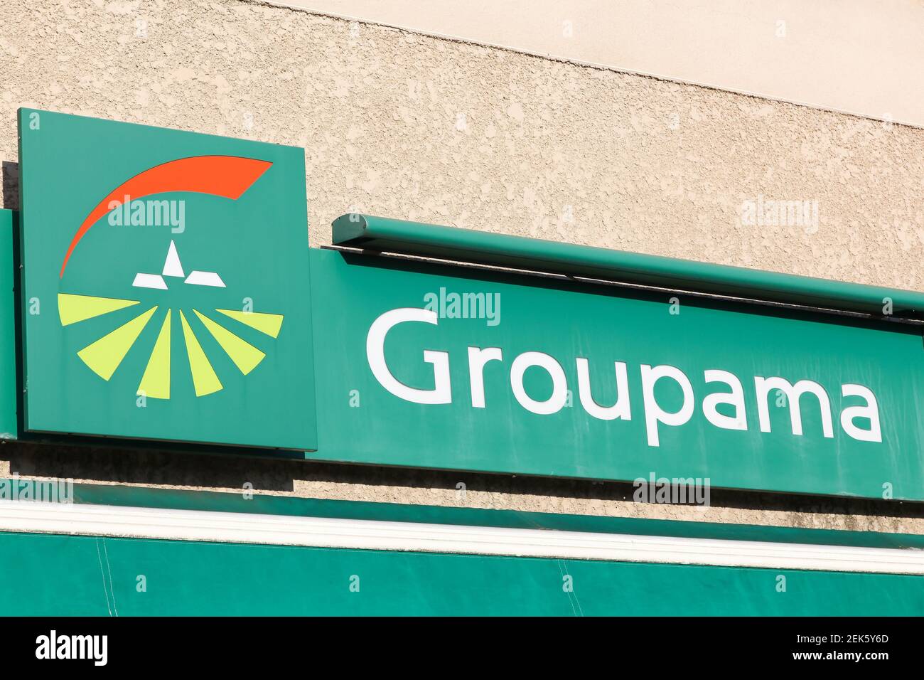 Belleville , France - December 30, 2018: Groupama logo on a wall. Groupama is a French insurance group Stock Photo