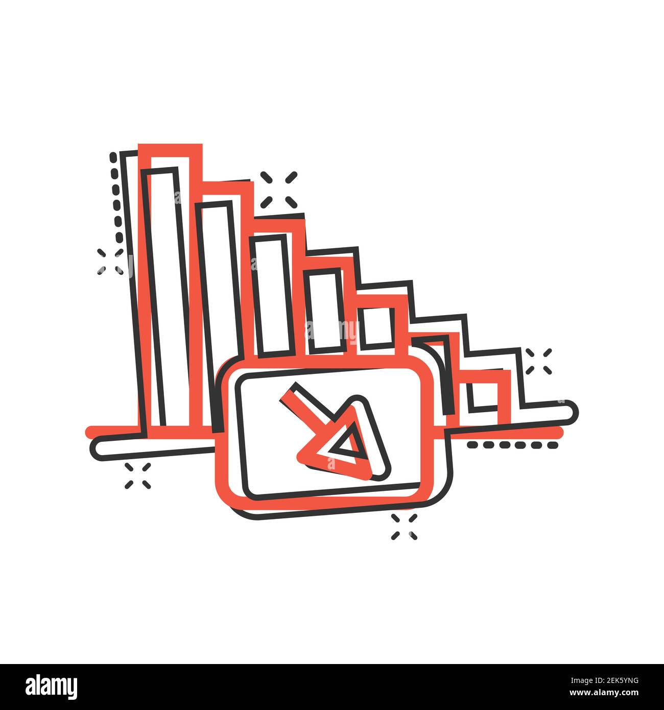 Market trend icon in comic style. Decline arrow with magnifier cartoon