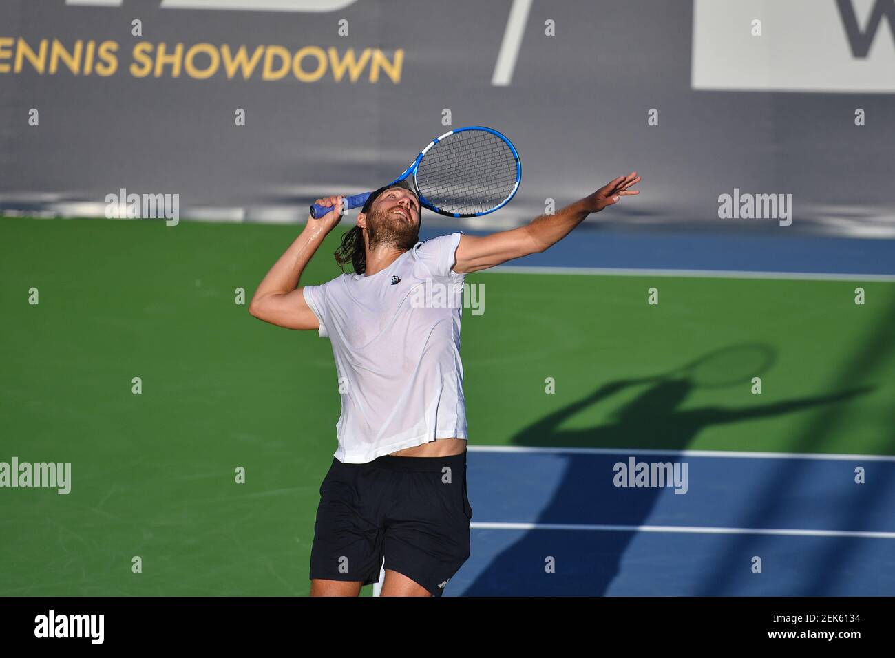Lucas Pouille and Feliciano Lopez participating in the Ultimate tennis  showdown at the Patrick Mouratoglou Academy launches, this Sunday, on June  14, 2020 his big idea: the Ultimate tennis showdown (UTS). A