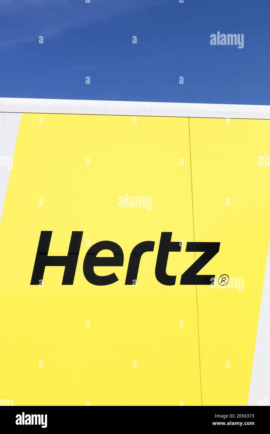 Aarhus, Denmark - August 25, 2019: Hertz logo on a truck. Hertz is an American car rental compan Stock Photo
