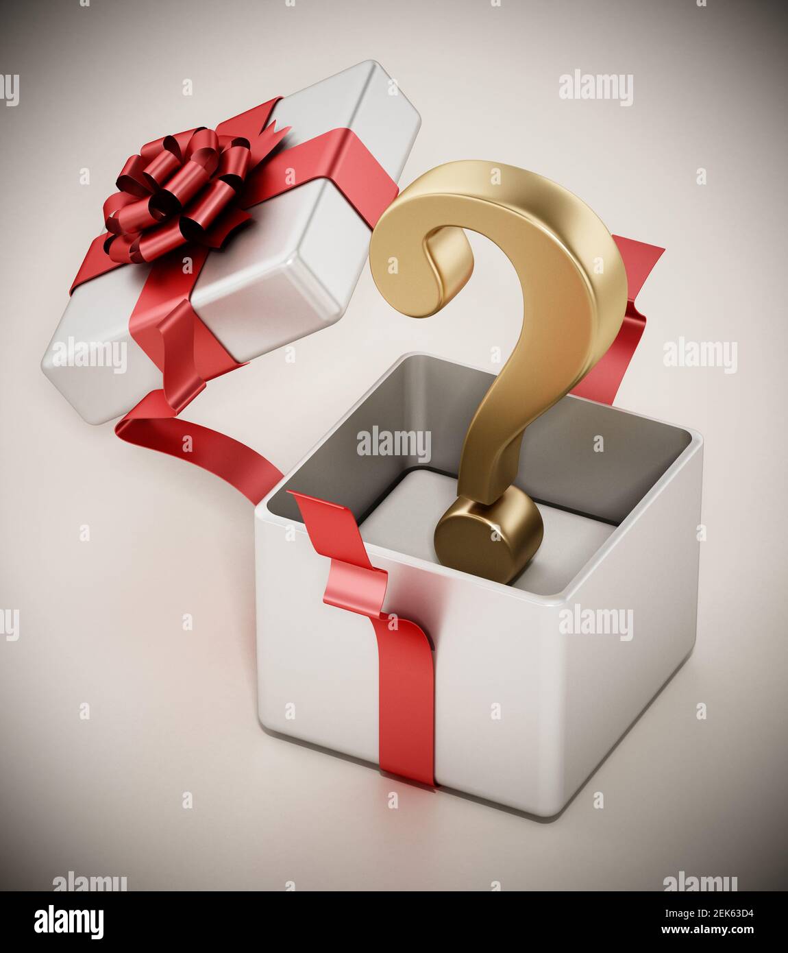 Gold question mark inside open giftbox. 3D illustration Stock Photo - Alamy