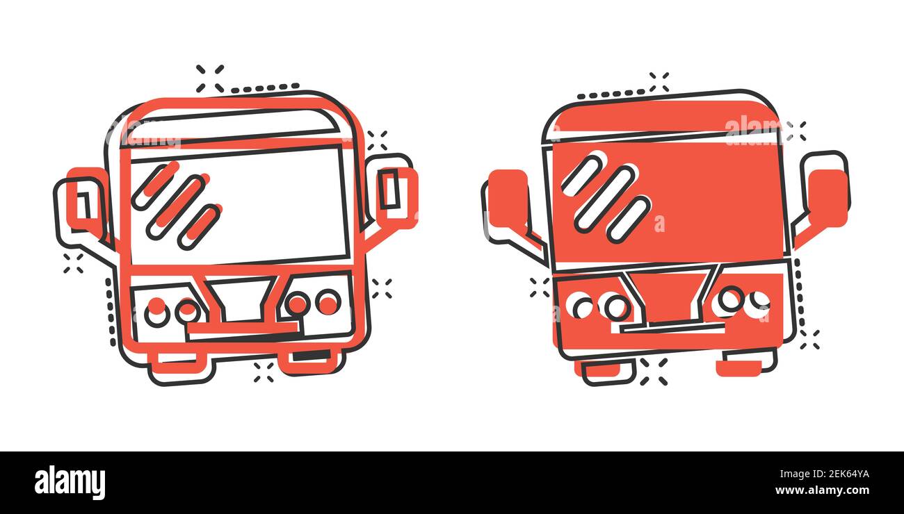 Bus icon in comic style. Coach cartoon vector illustration on white isolated background. Autobus vehicle splash effect business concept. Stock Vector