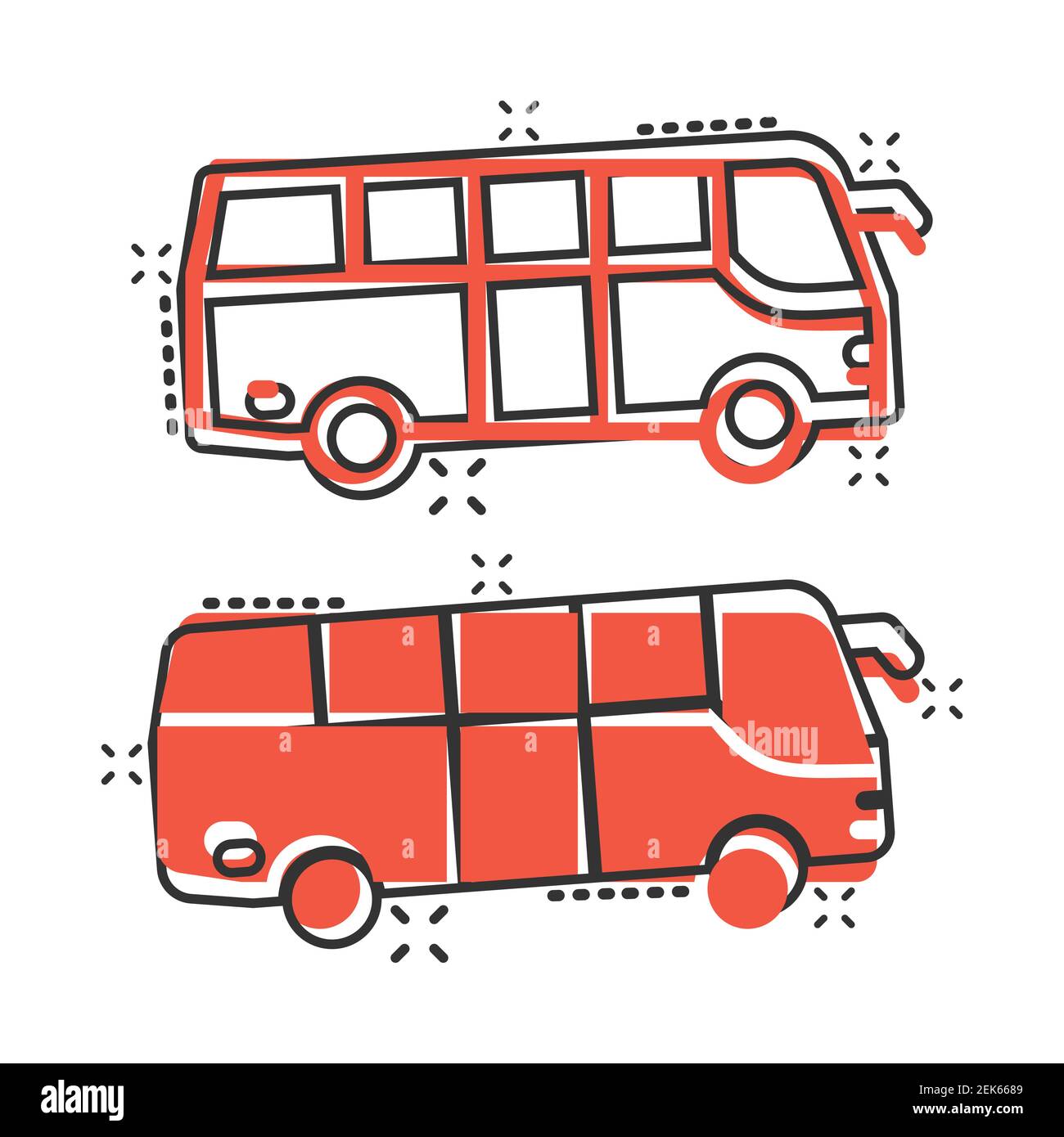 Bus icon in comic style. Coach cartoon vector illustration on white isolated background. Autobus vehicle splash effect business concept. Stock Vector