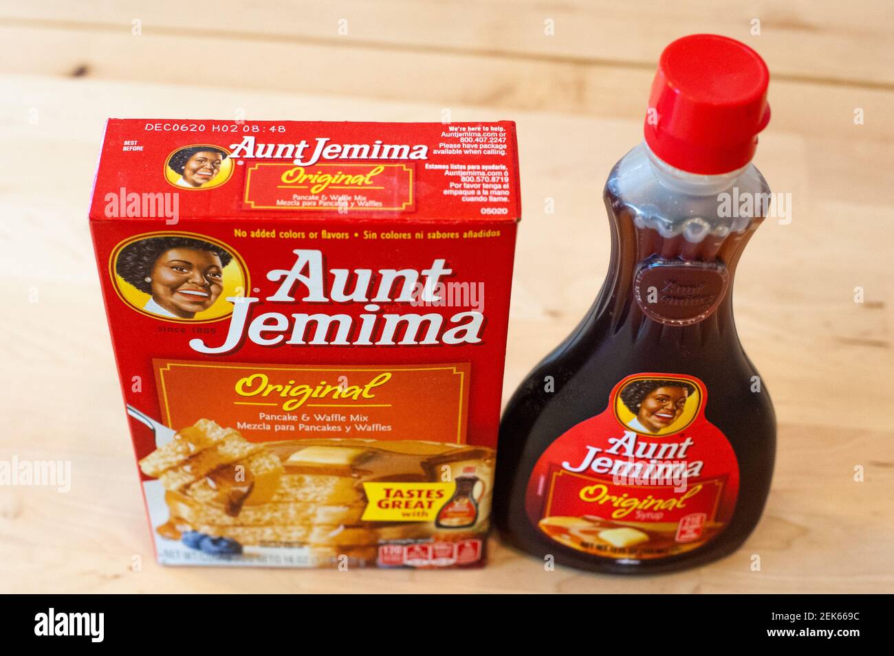 A package of Aunt Jemima Original Pancake & Waffle Mix and a bottle of
