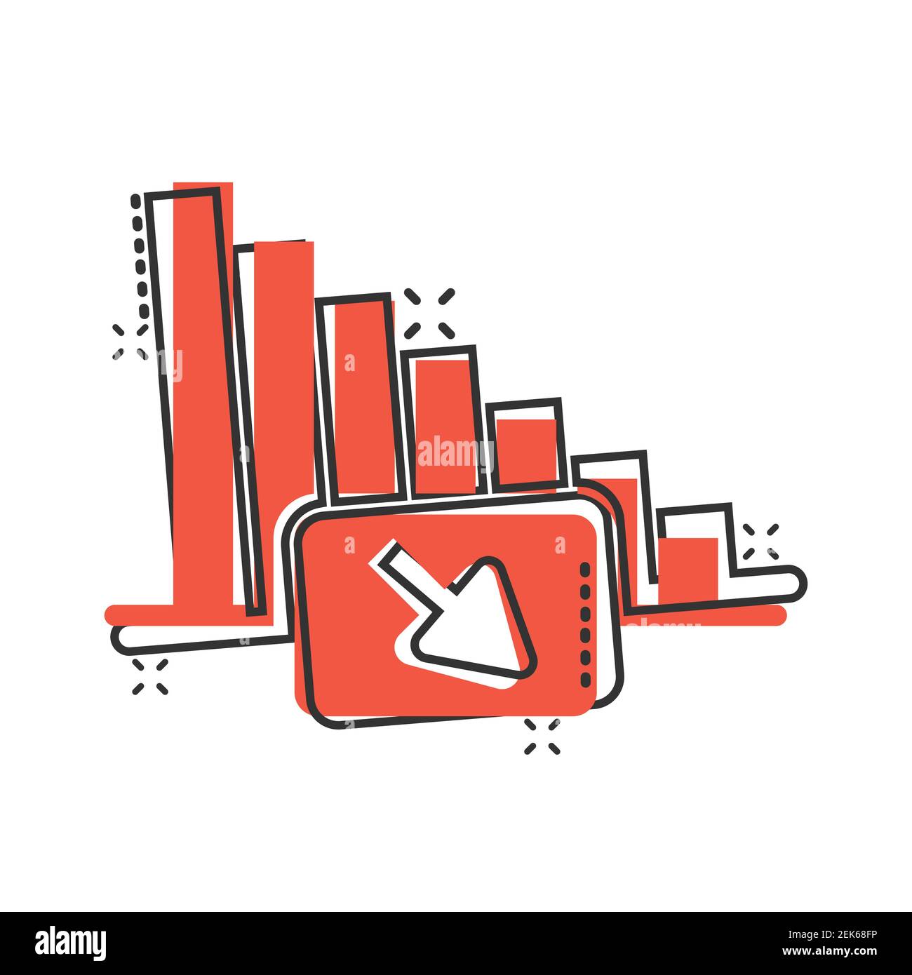 Market trend icon in comic style. Decline arrow with magnifier cartoon