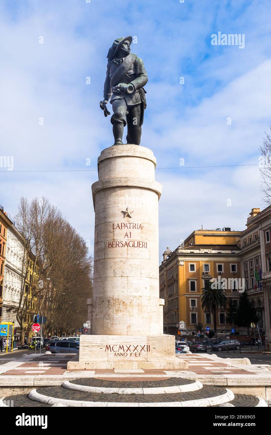 Marble and bronze Monument to Bersagliere (Monumento al Bersagliere) in Piazzale di Porta Pia - Rome, Italy. Stock Photo