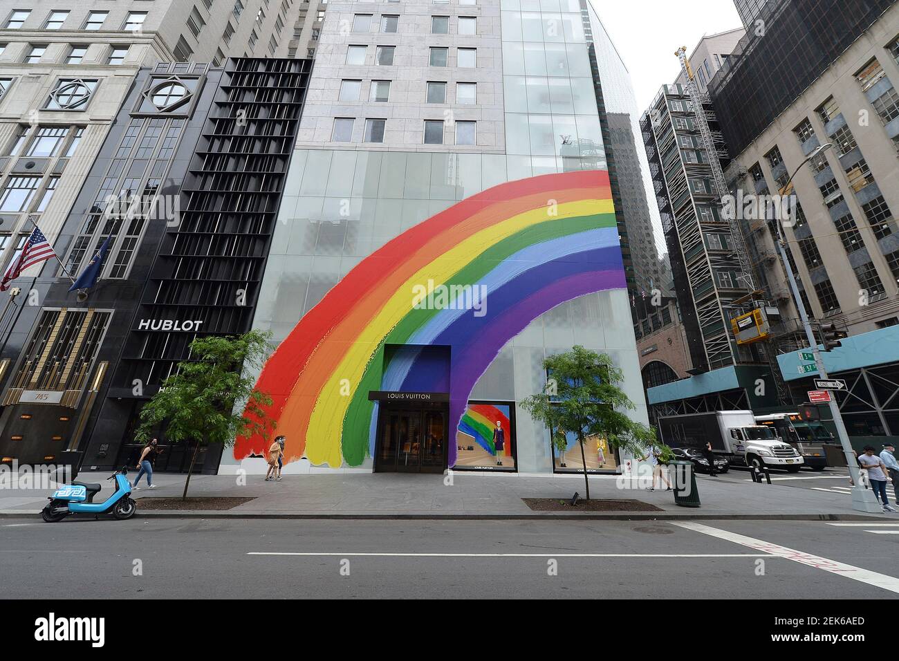 A view of the newly opened (curbsidee pickup only) Louis Vuitton 5th Ave.  flagship store, decorated with a large rainbow in honor of “Pride Month”,  New York, NY, on June 18, 2020.