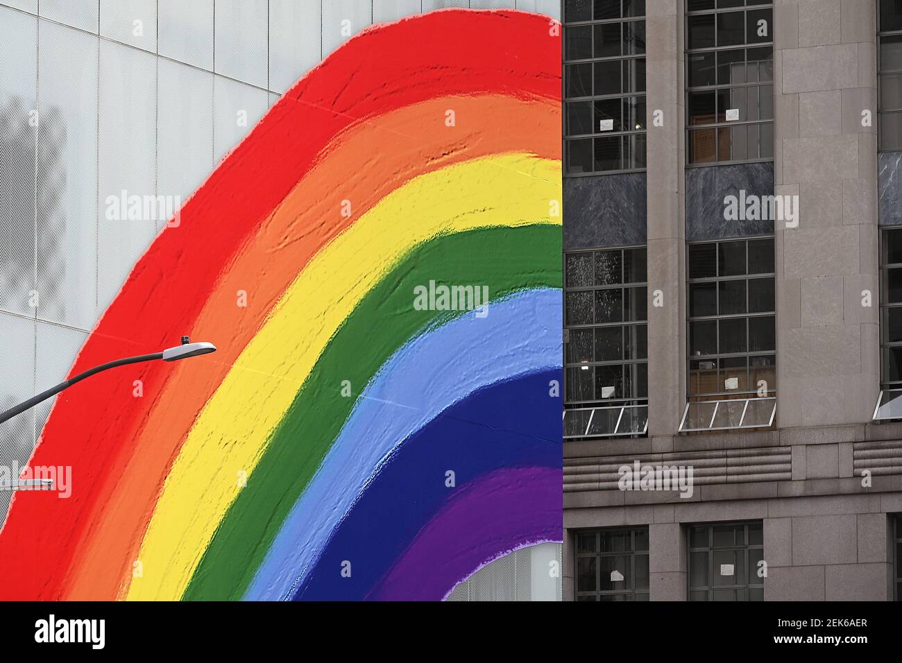 A view of the newly opened (curbsidee pickup only) Louis Vuitton 5th Ave.  flagship store, decorated with a large rainbow in honor of “Pride Month”,  New York, NY, on June 18, 2020.