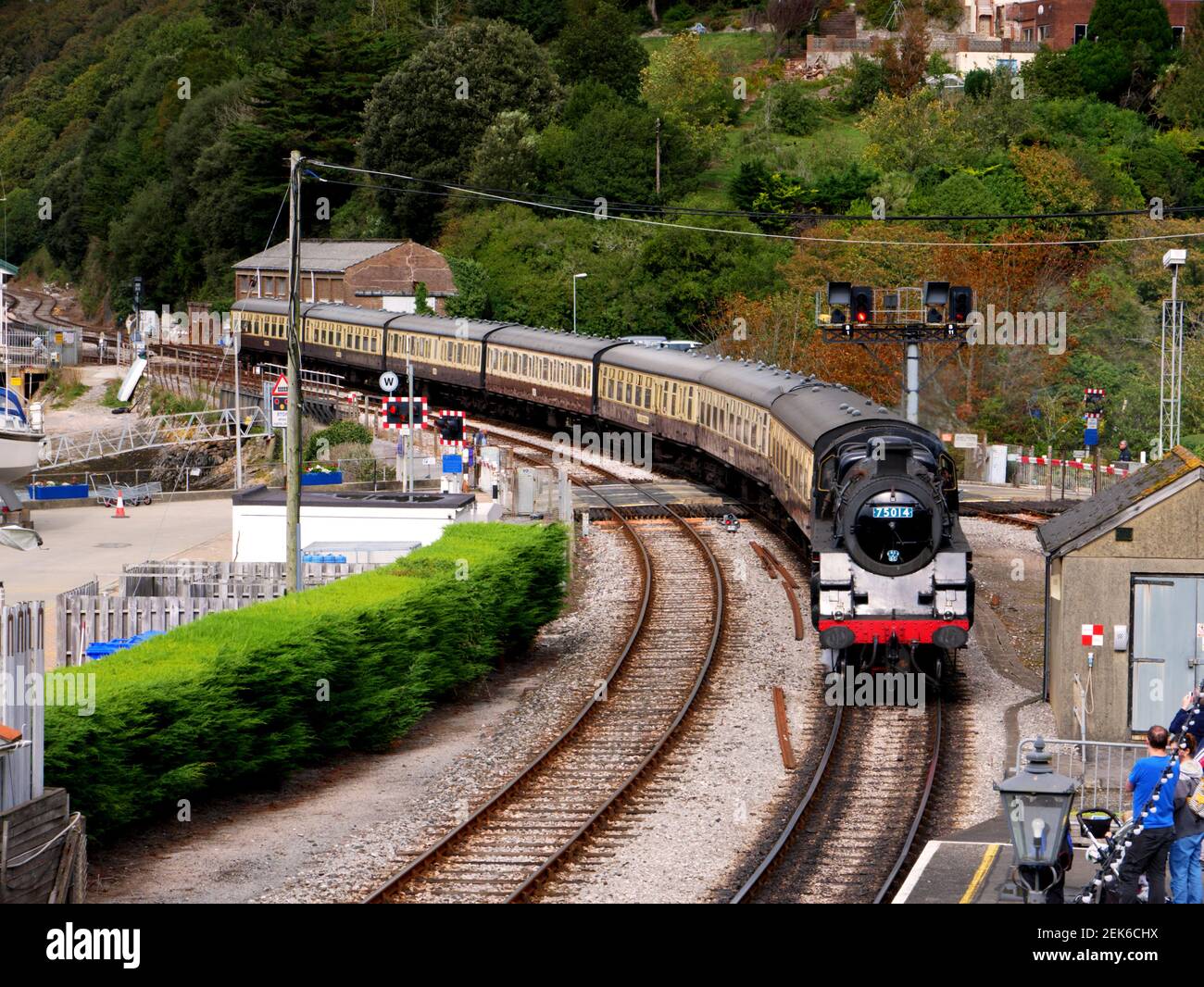 BR Standard Class 4 75014 'Braveheart' pulls into Kingswear on 23rd September 2020 on the Dartmouth Steam Railway, Devon. Stock Photo