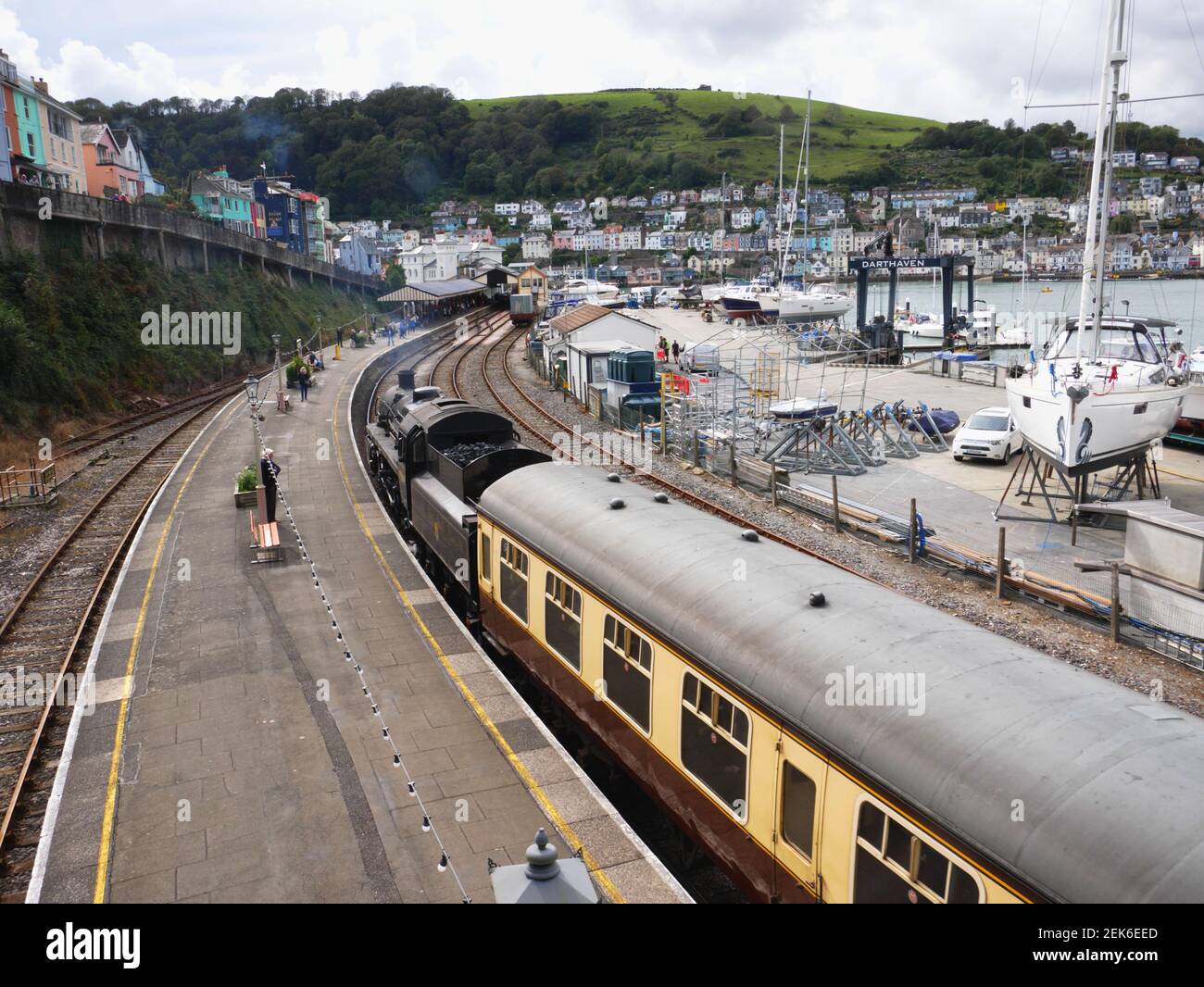 BR Standard Class 4 75014 'Braveheart' pulls into Kingswear on 23rd September 2020 on the Dartmouth Steam Railway, Devon. Stock Photo