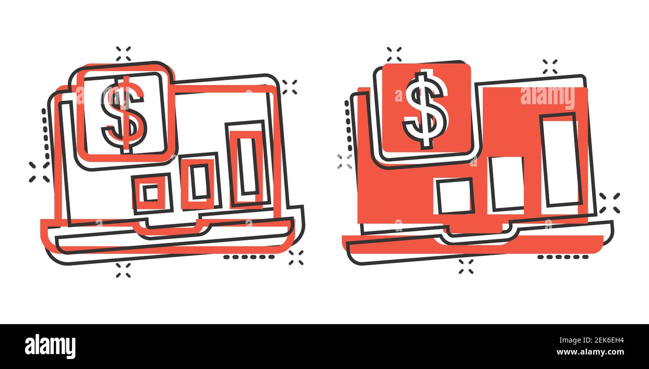 Laptop computer chart icon in comic style. Money diagram cartoon vector ...
