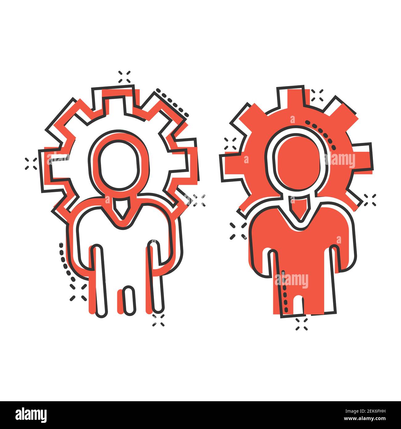 People with gear icon in comic style. Person cogwheel cartoon vector illustration on white isolated background. Teamwork splash effect business concep Stock Vector