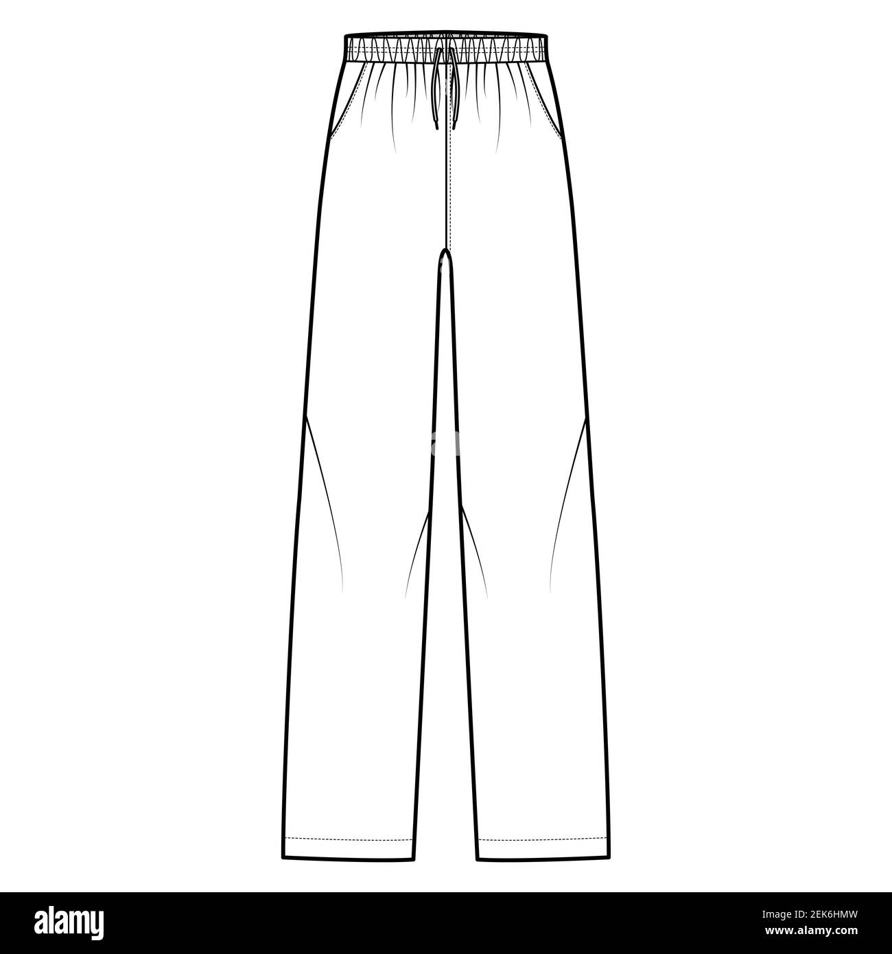Pajama pants technical fashion illustration with elastic low waist, rise,  full length, drawstrings, pockets. Flat knit trousers apparel template  front, white color. Women men unisex CAD mockup Stock Vector Image & Art 