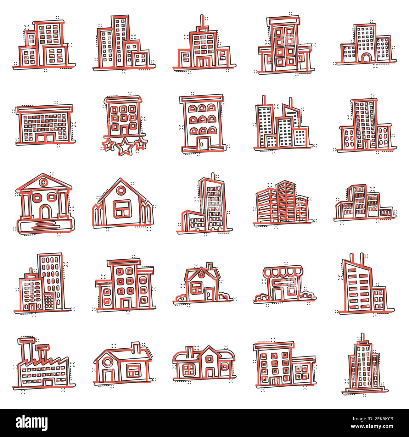 Building icon set in comic style. Town skyscraper apartment cartoon ...