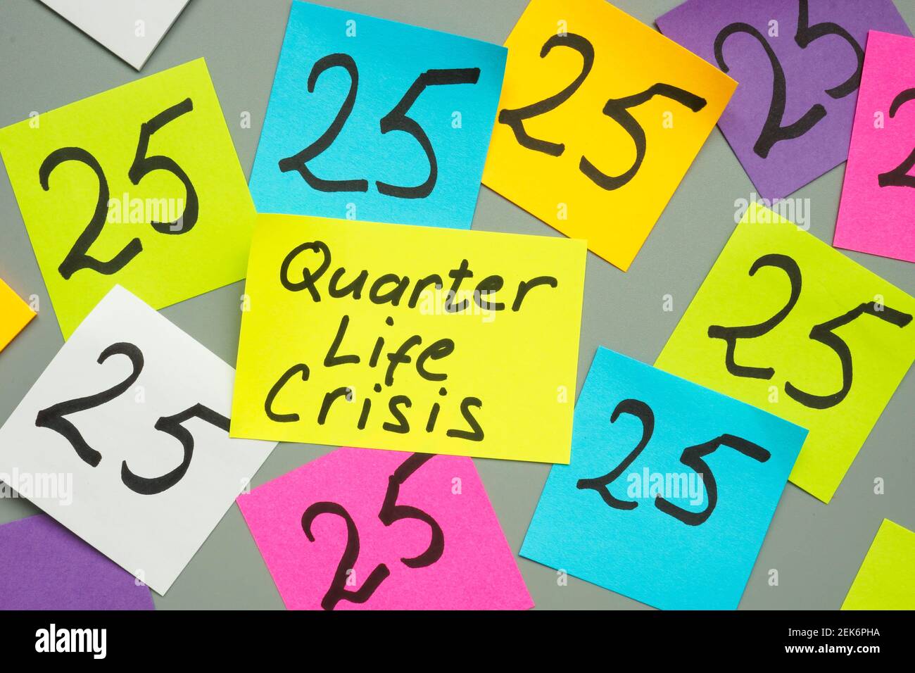 Quarter life crisis words and pieces of paper with 25. Stock Photo