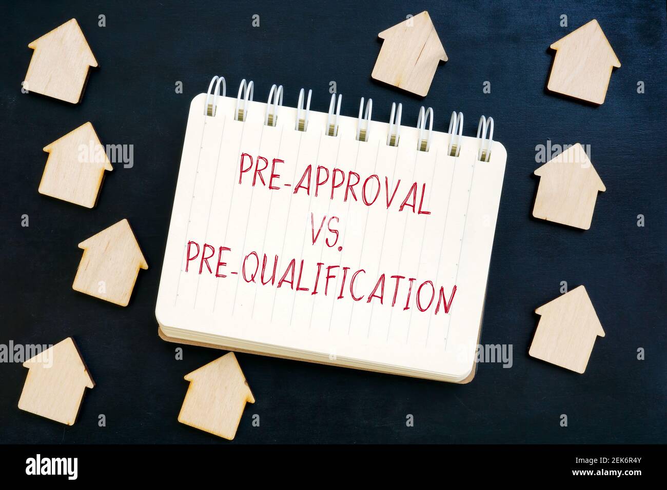 Pre-Approval vs Pre-Qualification mortgage words and small homes. Stock Photo