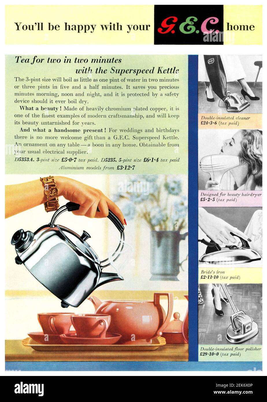 1956 British advertisement for G.E.C. household electrical appliances: kettles, vacuum cleaners, hair dryers, irons and floor polishers. Stock Photo