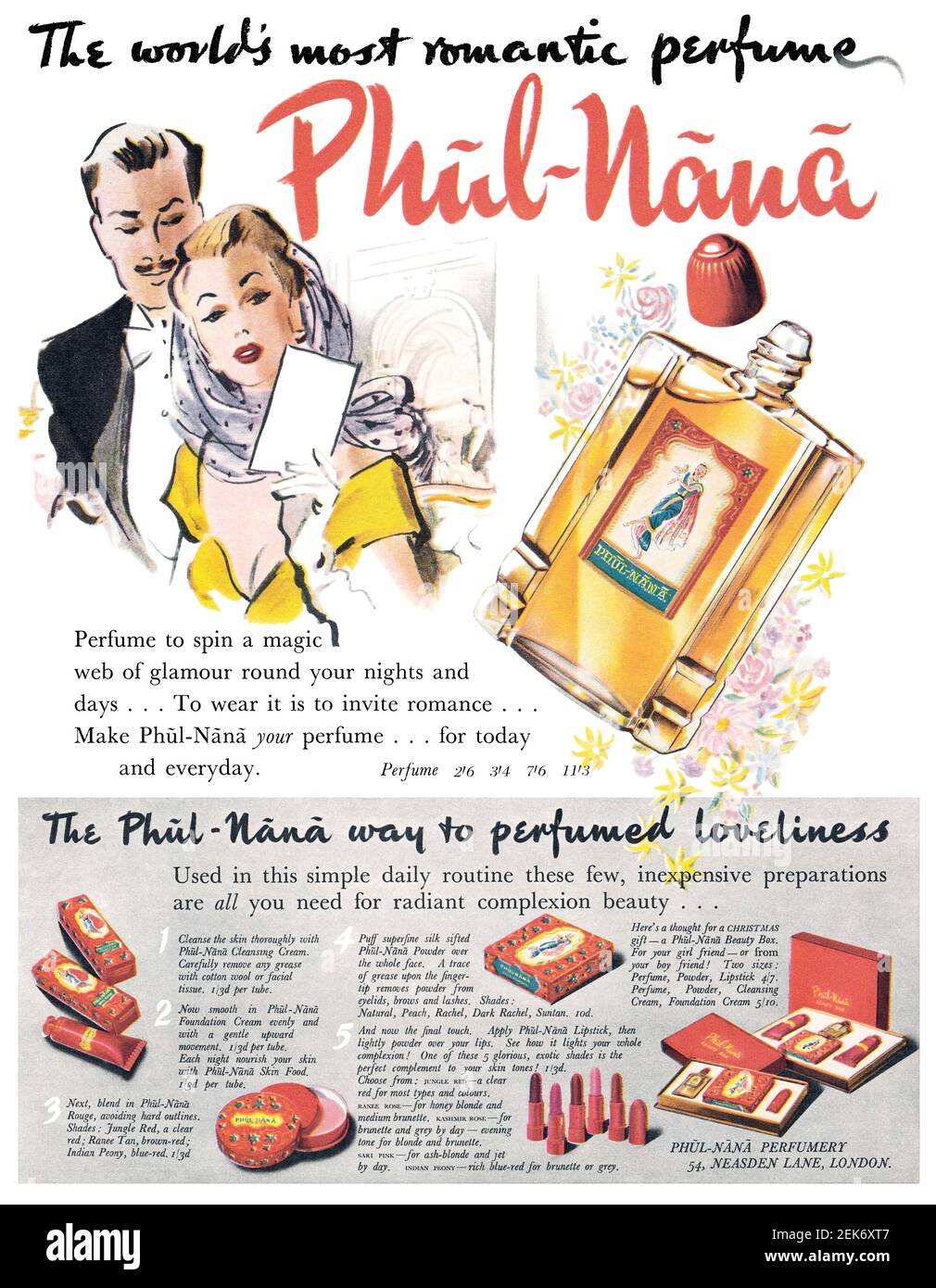 1949 British advertisement for Phũl-Nãnã perfume and cosmetics. Stock Photo