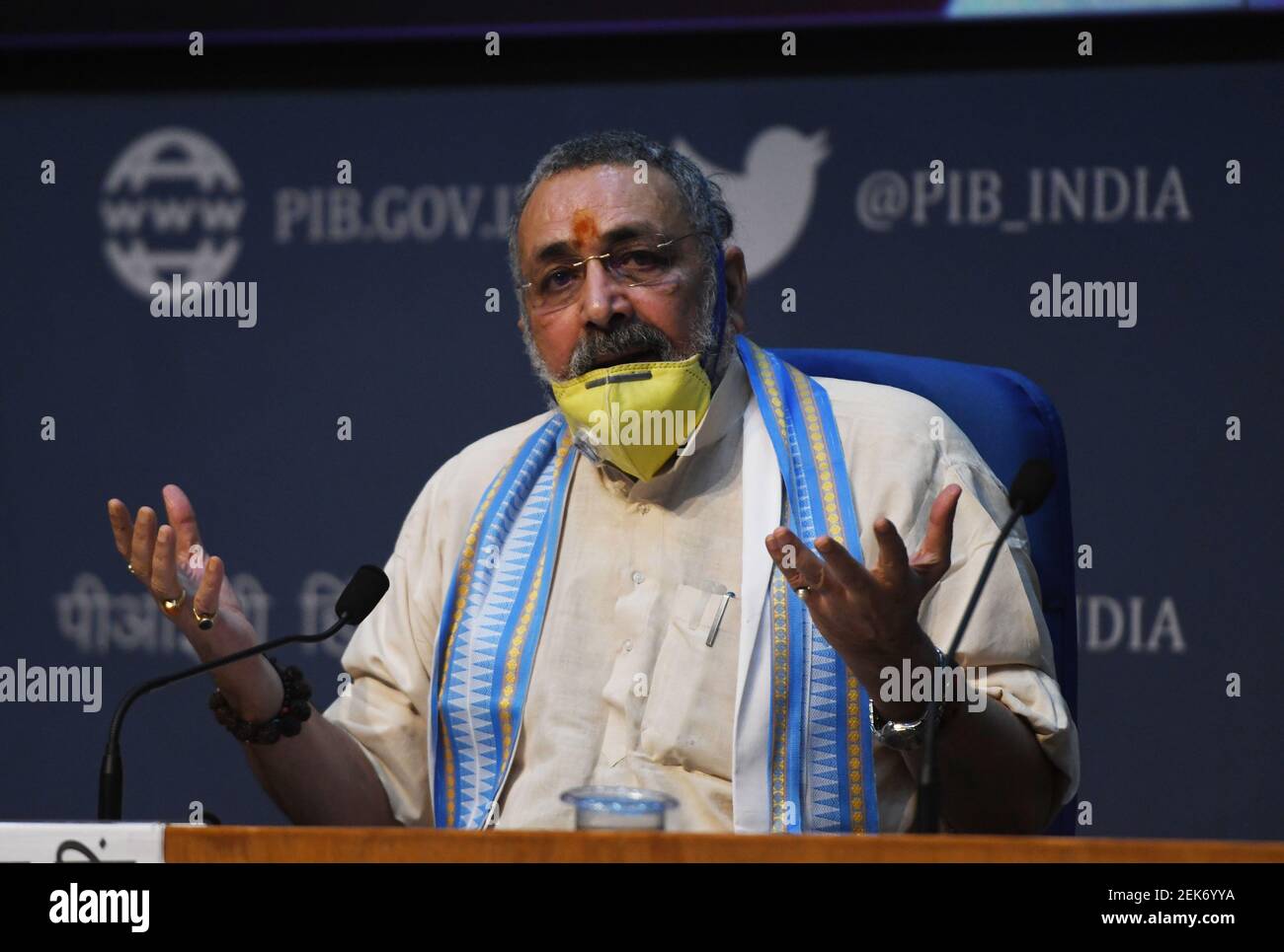 NEW DELHI, INDIA - JUNE 24: Union Minister for Fisheries, Animal Husbandry  and Dairying Giriraj Singh addressing the media after a Cabinet meeting, at  National Media Centre on June 24, 2020 in