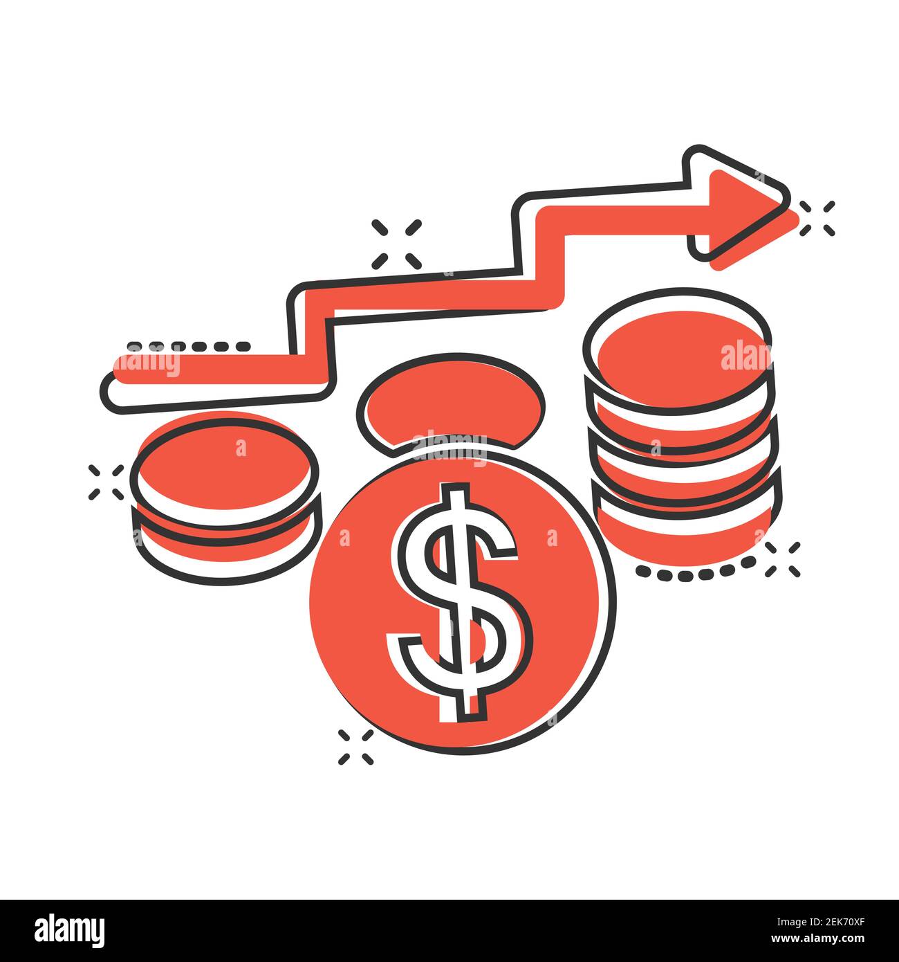 Income rate increase icon in comic style. Finance performance cartoon vector illustration on white isolated background. Coin with growth arrow splash Stock Vector