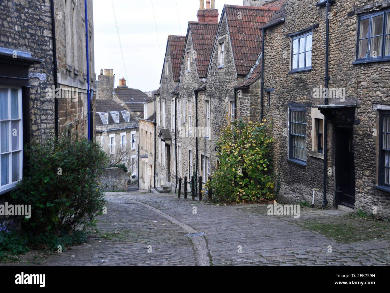 Gentle street, Frome.The steep cobbled street was the main road through the town.The Wagon and Horses Inn now a private dwelling.The street is used in Stock Photo