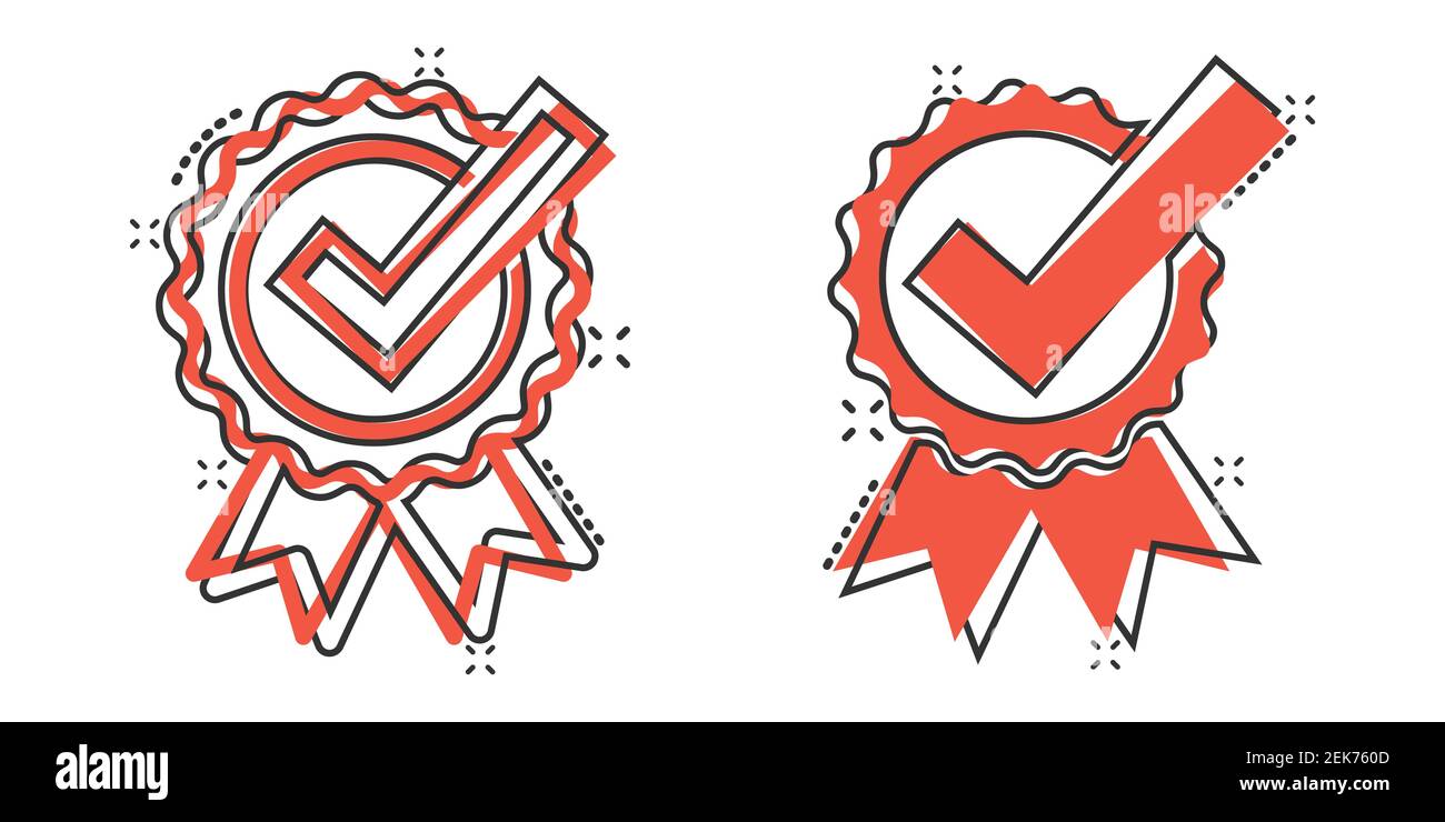 Winner with check mark icon in comic style. Rosette award cartoon ...