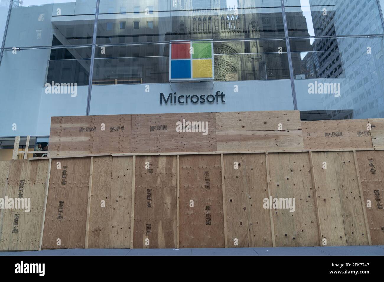 General view of boarded Microsoft store on 5th Avenue which will be closed and reimagined as 'experience center' in New York on June 26, 2020. Microsoft is getting out of the brick-and-mortar retail business. It will keep its London, New York City, Sydney, Redmond locations, but they will be reimagined as 'experience centers' the company stated. (Photo by Lev Radin/Sipa USA) Stock Photo
