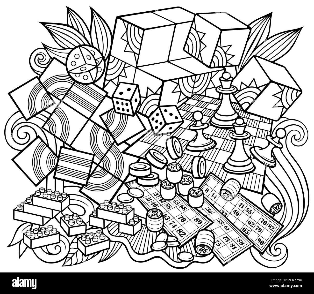 Cartoon doodles hand drawn kids toys illustration. Stock Photo