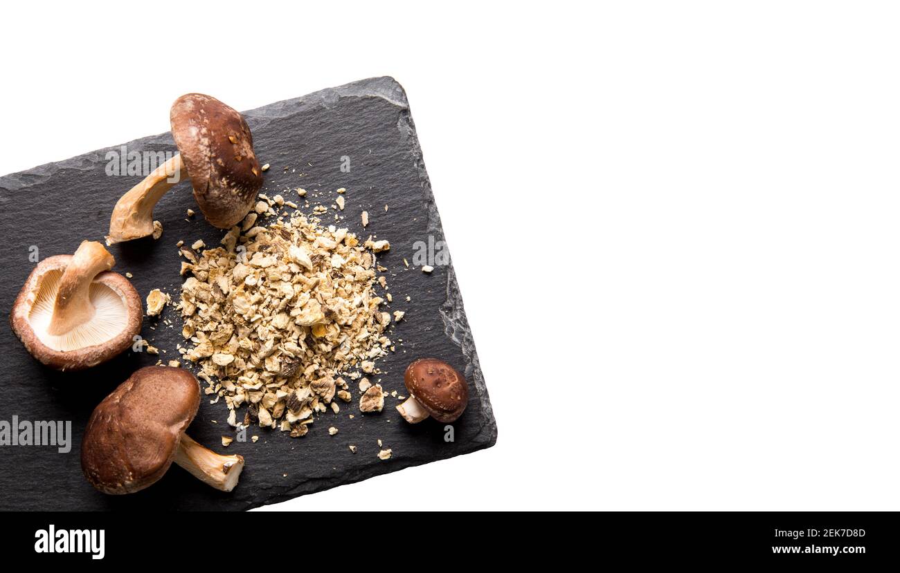 Flat lay view of dry powder made of shiitake mushrooms, Lentinula edodes. Food ingredient on black stone cutting board with fresh shiitake mushrooms i Stock Photo