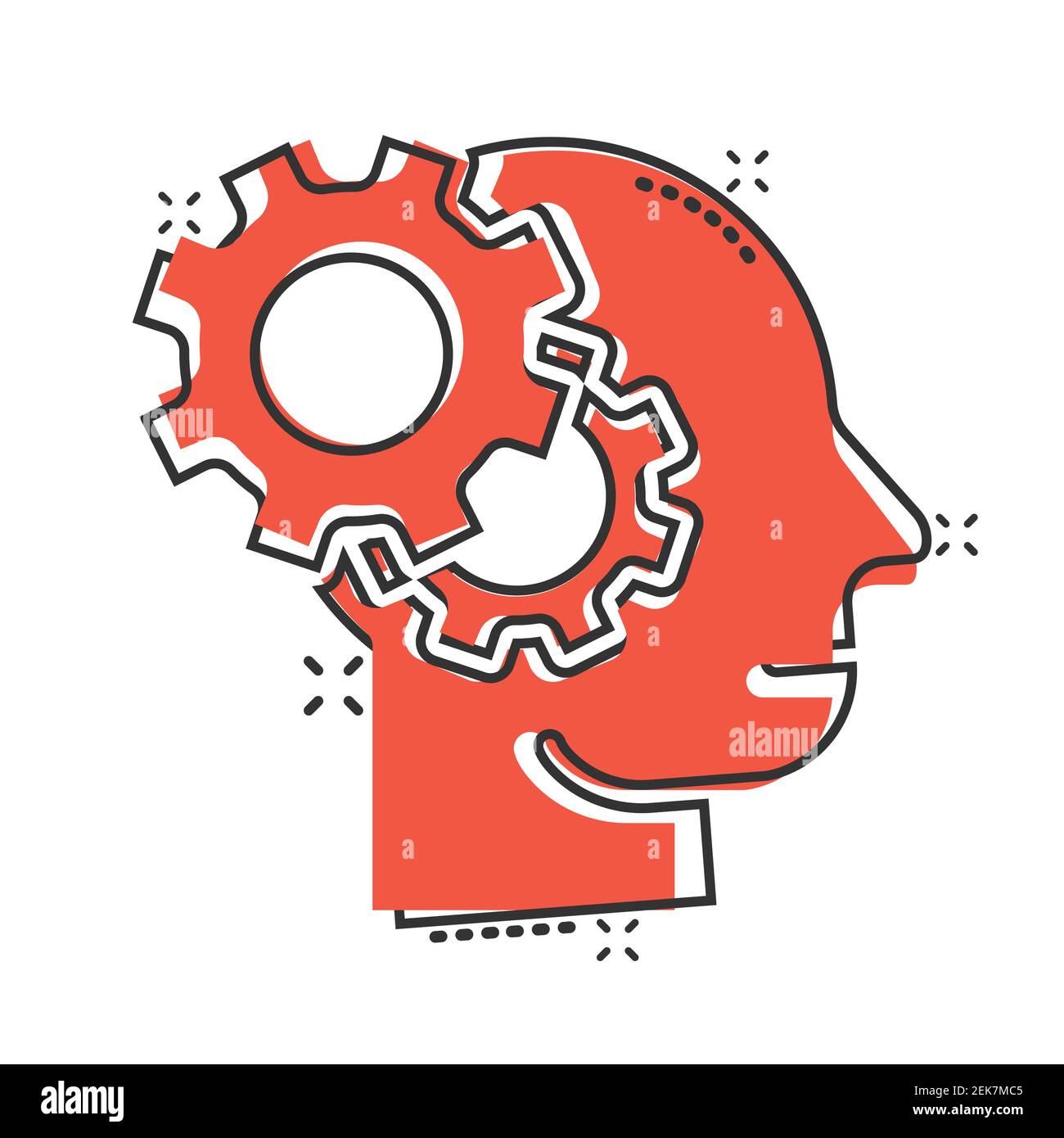 Human head with cogwheel icon in comic style. Technology progress cartoon vector illustration on white isolated background. Face and gear splash effec Stock Vector