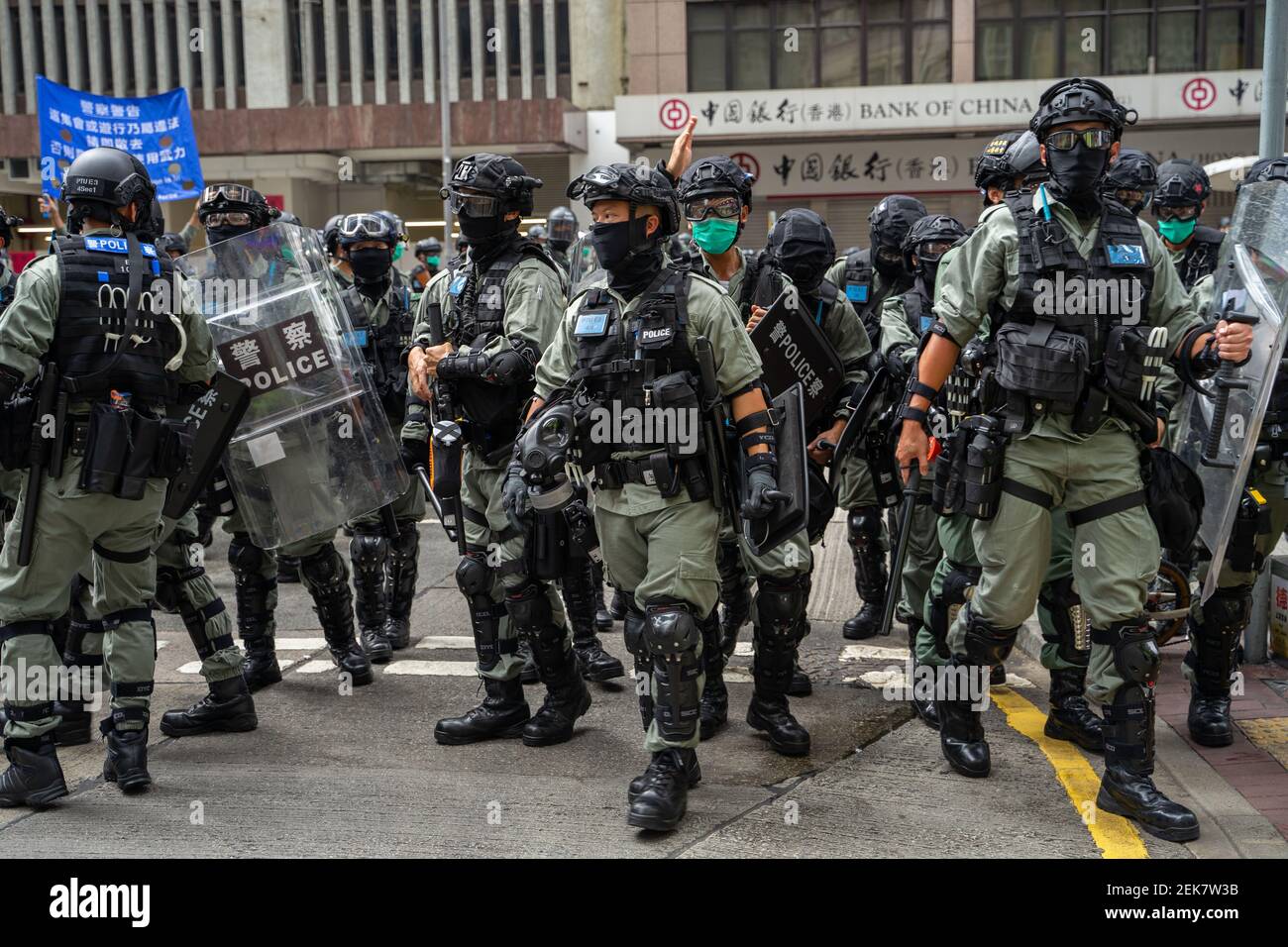 Anti-riot police dispersing the crowd. Thousands took to the streets of  Hong Kong on the 23rd anniversary of the handover from Britain to China in  defiance of police ban. The day also