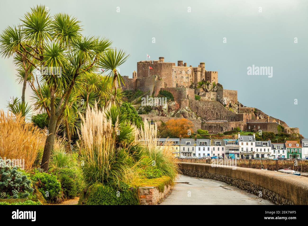 Mount Orgueil castle over the Gorey village, Saint Martin, bailiwick of Jersey, Channel Islands Stock Photo