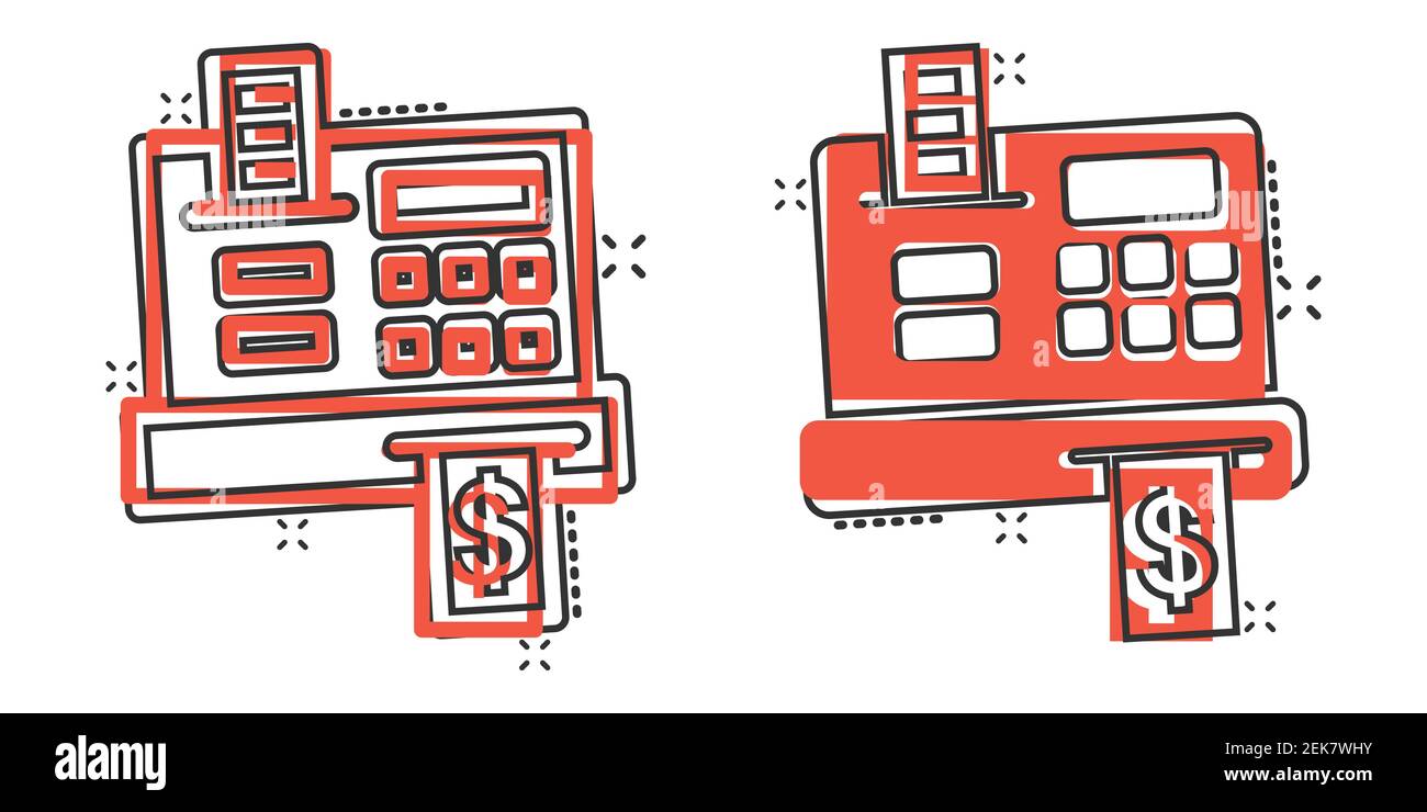 Cash register icon in comic style. Check machine cartoon vector