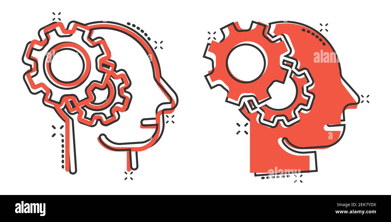 Human head with cogwheel icon in comic style. Technology progress cartoon vector illustration on white isolated background. Face and gear splash effec Stock Vector