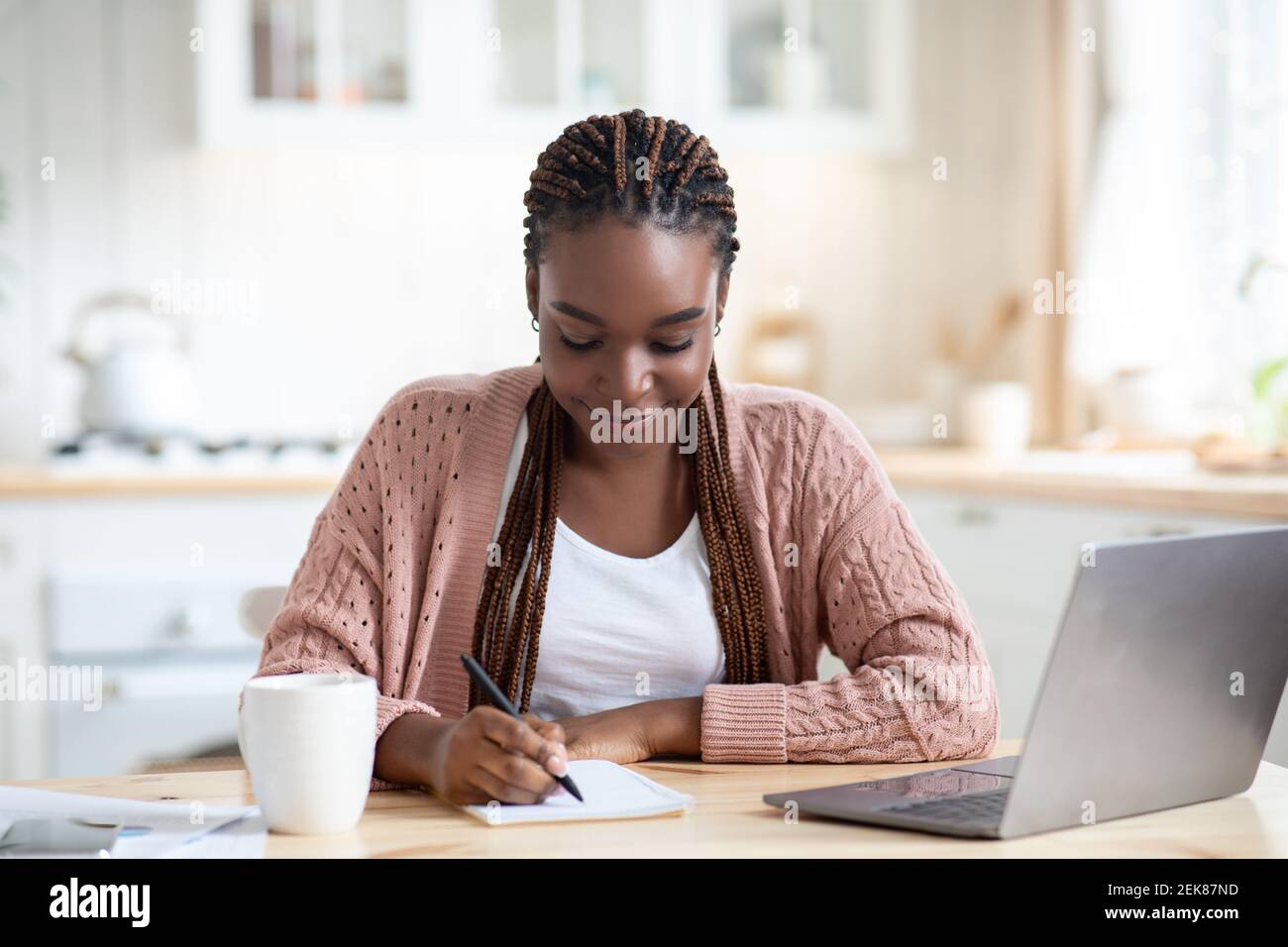 Smiling Black Student Woman Study With Laptop In Kitchen And Taking ...