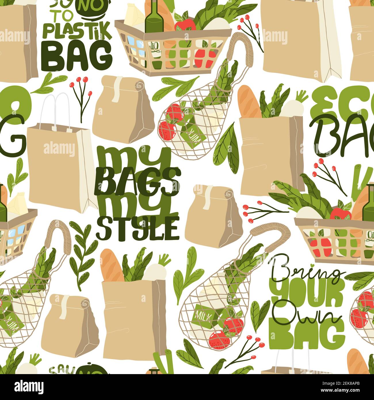 Textile and paper bags with botanics elements and eco slogans. Seamless pattern. Eco friendly life style background.  Zero waste shopping. Vector flat Stock Vector