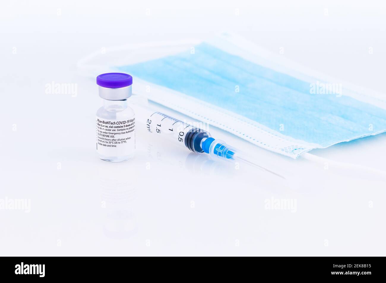 Brasov, Romania - February 21, 2021: Pfizer-BioNTech Covid-19 vaccine on a white background. Stock Photo