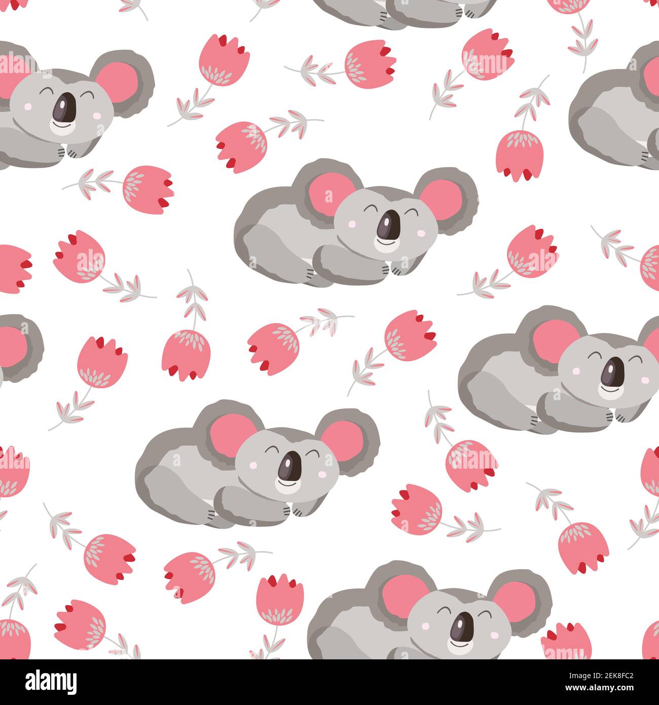 Seamless pattern with cute koala baby and flowers on light background ...