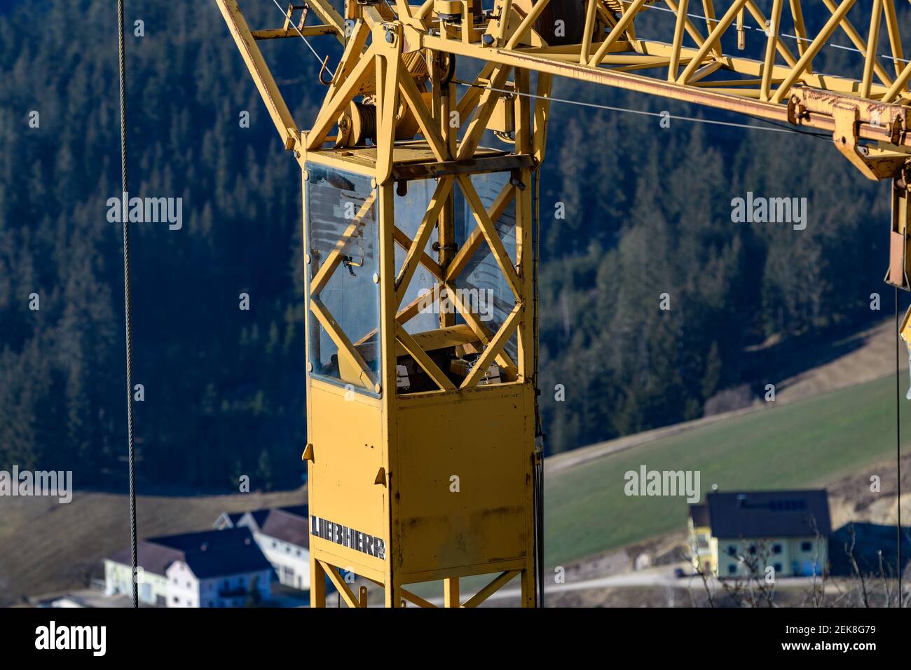 vintage liebherr crane at the castle ruine ruttenstein near pierbach in the austrian region muehviertel Stock Photo