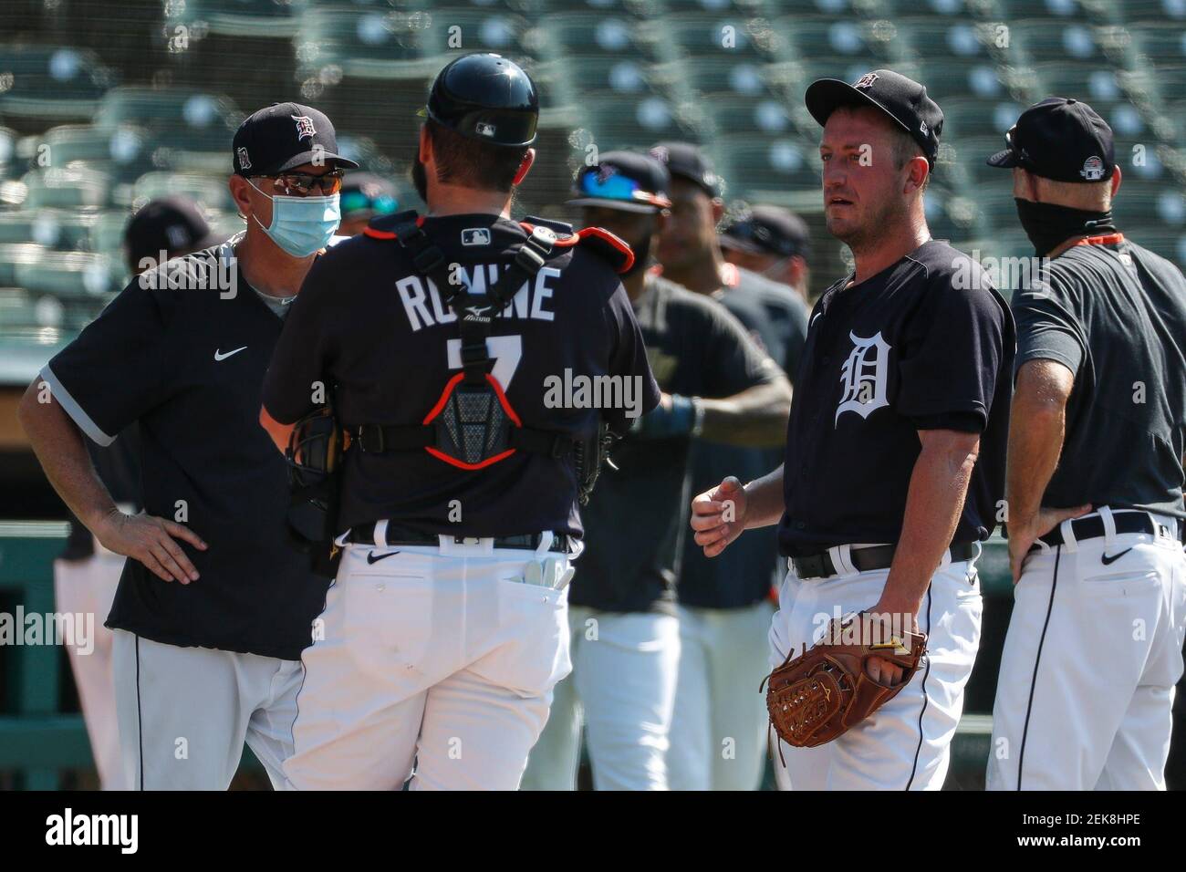 Detroit Tigers catcher Austin Romine talks to pitcher Jordan Zimmermann, right, during summer camp at Comerica Park in Detroit, Tuesday, July 7, 2020. (Photo by Junfu Han/USA Today Network/Sipa USA) Stock Photo