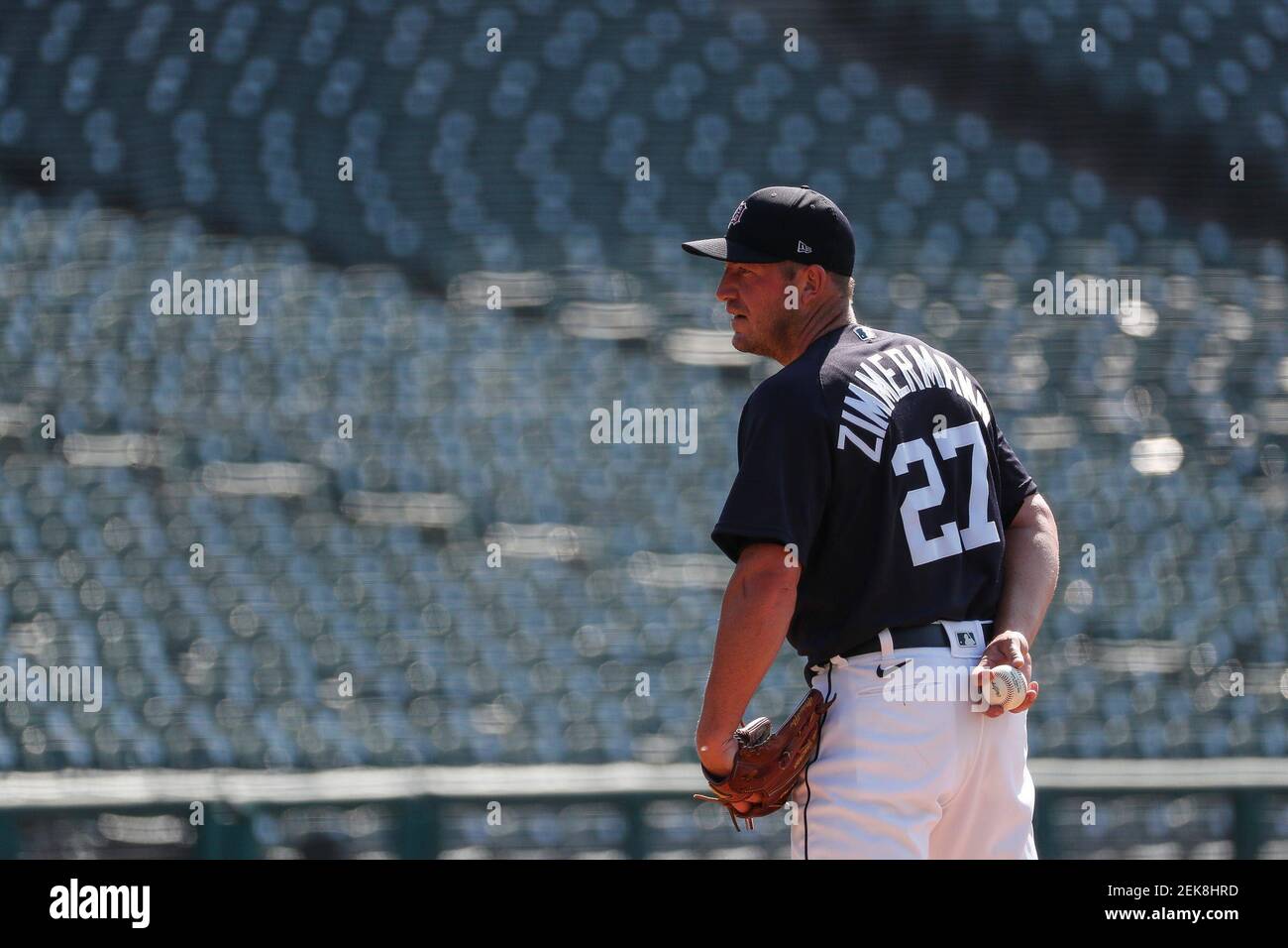 Detroit Tigers pitcher Jordan Zimmermann throws against Miguel Cabrera during training camp at Comerica Park in Detroit, Tuesday, July 7, 2020. (Photo by Junfu Han/USA Today Network/Sipa USA) Stock Photo